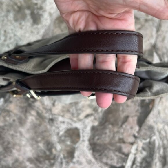 MICHAEL KORS Gansevoort Natural Hemp Canvas Mocha Brown Leather Shoulder Bag - Picture 9 of 9